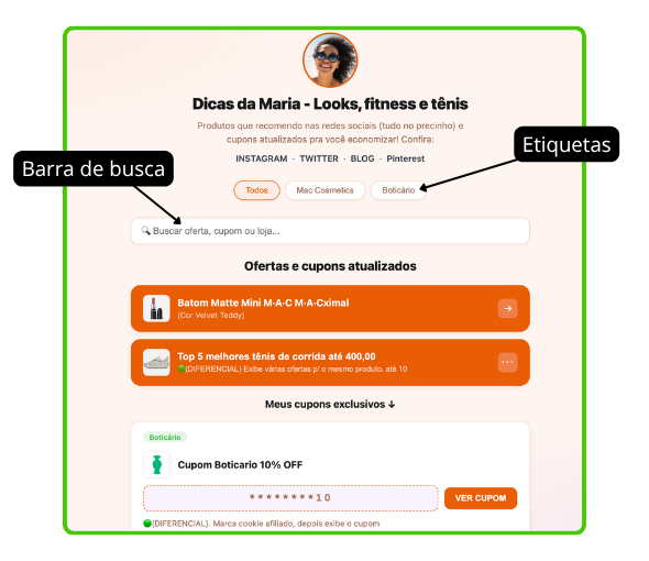 Barra de busca e etiquetas no Aquimeulink